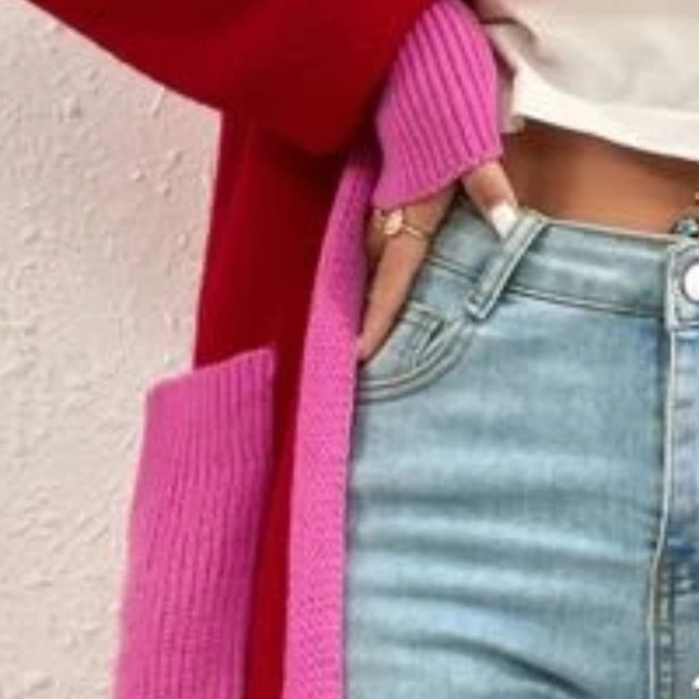 knit Open Front Colorblock Pocketed Cardigan Pink Red - Picture 10 of 10
